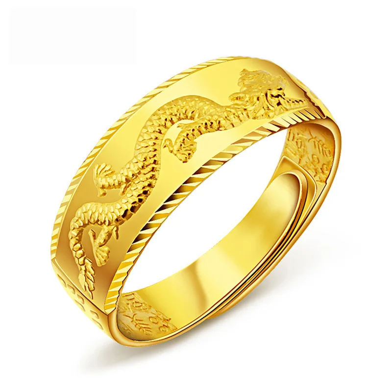 24k Gold Ring for Man Luxury Engraving Dragon Adjustable Ring Domineering Fashion Jewelry Male Two Color Gold Finger Ring