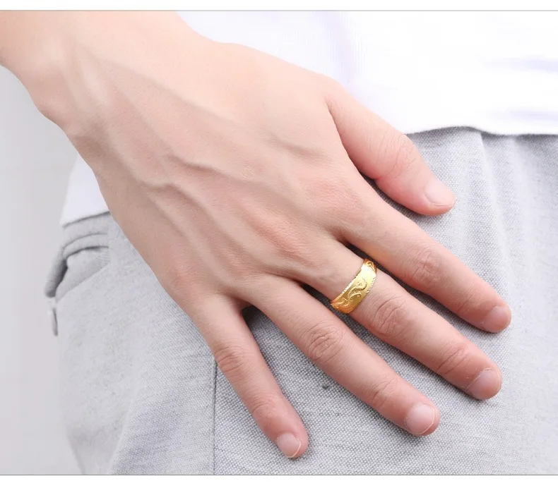 24k Gold Ring for Man Luxury Engraving Dragon Adjustable Ring Domineering Fashion Jewelry Male Two Color Gold Finger Ring