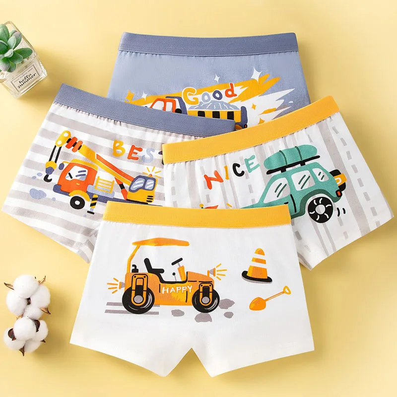 Multipack Cotton Boy Boxer Brief Fun Excavator Pattern Kids Boxers Breathable Soft Children Underwear For 3-12 Years Old