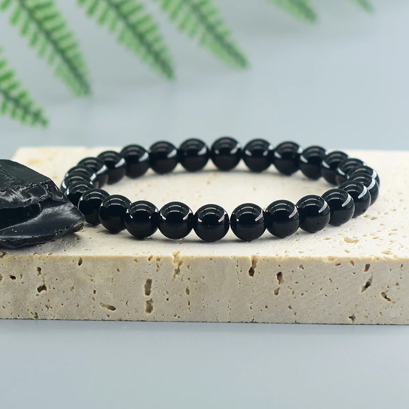 Classic Black Onyx Bead Bracelet for Men Natural Stone Shiny Black Obisidian Handmade Bracelet Yoga Meditation Jewelry Wholesale