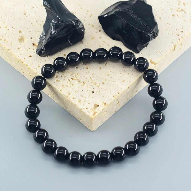 Classic Black Onyx Bead Bracelet for Men Natural Stone Shiny Black Obisidian Handmade Bracelet Yoga Meditation Jewelry Wholesale