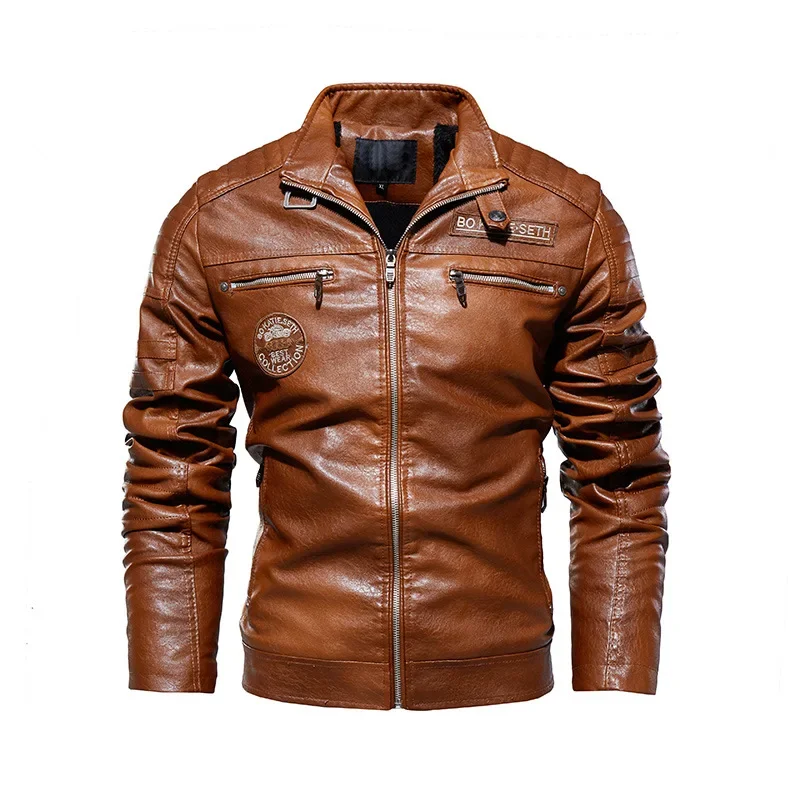 Leather Jacket Men Winter fleece Motorcycle PU Leahter jacket Male  Stand Collar Casual Windbreaker ropa de hombre Slim Coat