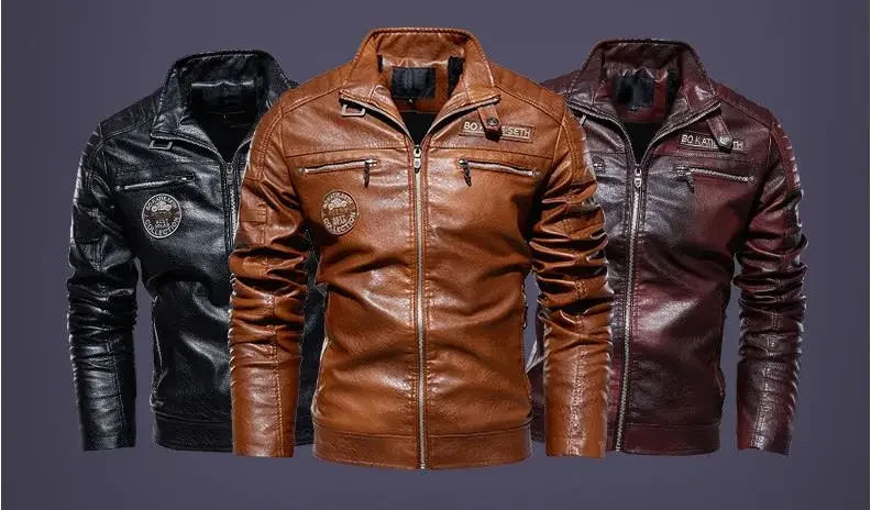 Leather Jacket Men Winter fleece Motorcycle PU Leahter jacket Male  Stand Collar Casual Windbreaker ropa de hombre Slim Coat