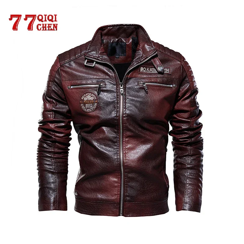 Leather Jacket Men Winter fleece Motorcycle PU Leahter jacket Male  Stand Collar Casual Windbreaker ropa de hombre Slim Coat