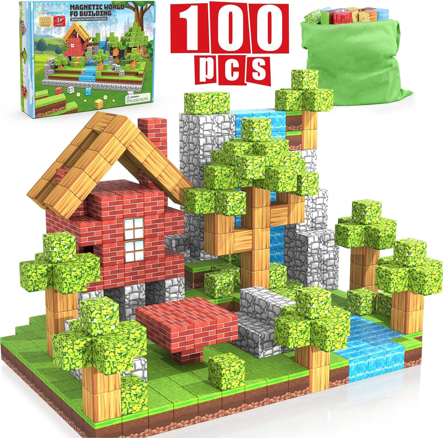 100PCS Magnetic Blocks Toy Build Mine Magnet World Set for Boys Girls STEM Montessori Sensory Cubes for Toddlers Gift