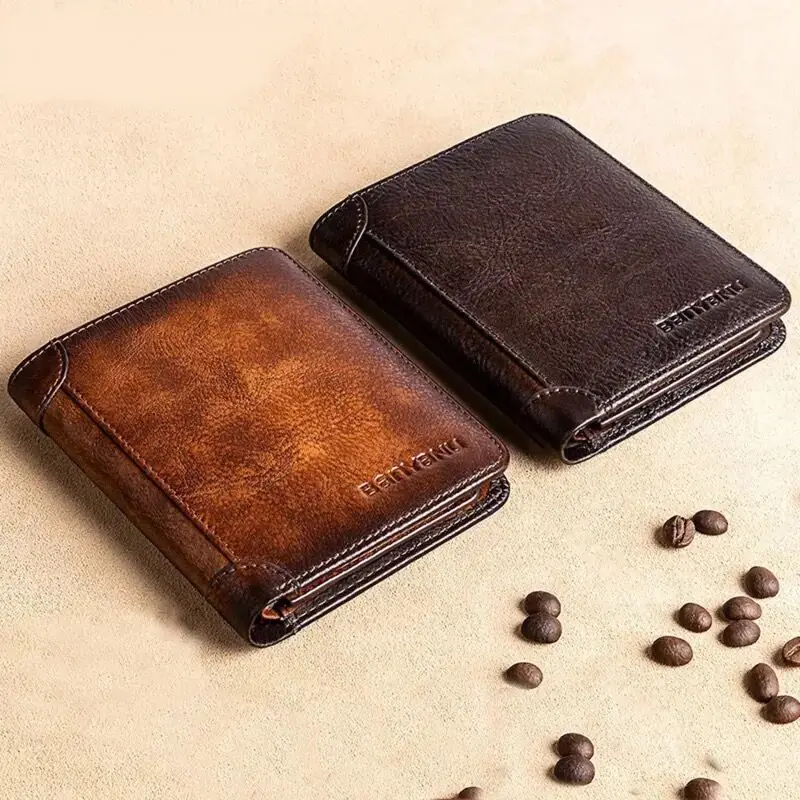 Genuine Leather Wallet Retro Business Design Rfid Protection Short Card Holder Coin Purses Money Bag Men Business Wallet Handbag