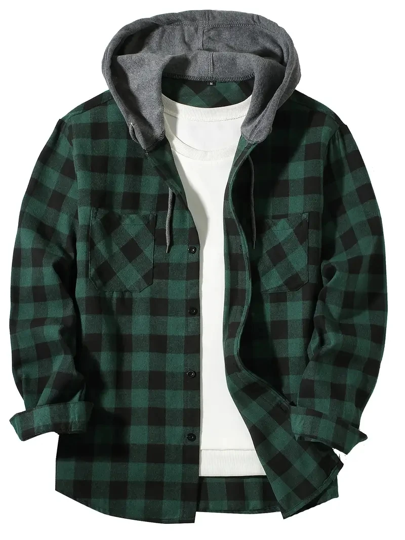 Men's Shirts Classic Plaid Casual Button Down Hooded Long Sleeved Double Pockets Shirt Hoodie Jacket Spring Autumn Tops