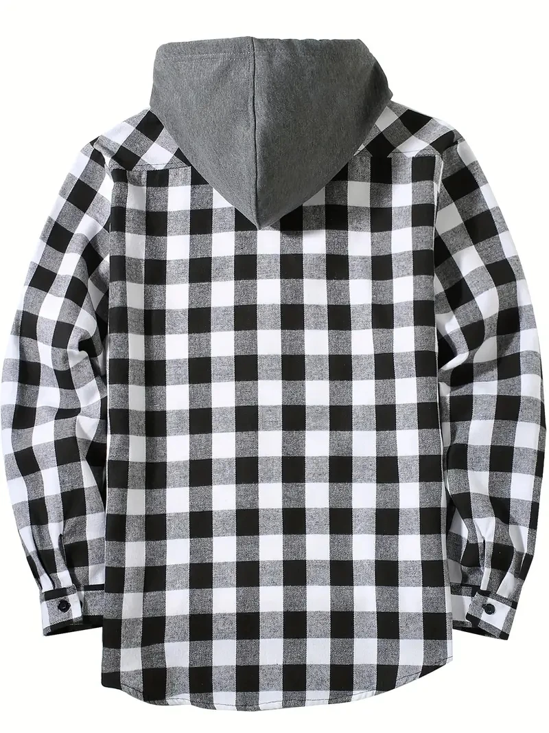 Men's Shirts Classic Plaid Casual Button Down Hooded Long Sleeved Double Pockets Shirt Hoodie Jacket Spring Autumn Tops