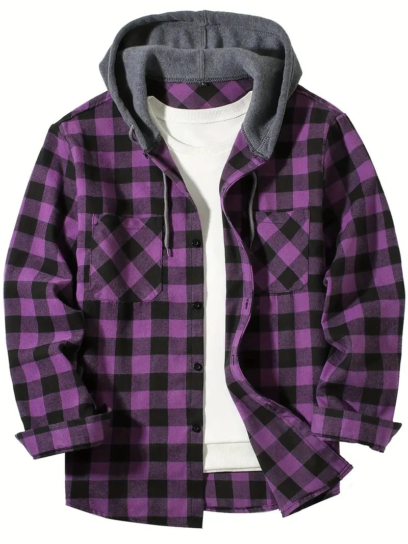 Men's Shirts Classic Plaid Casual Button Down Hooded Long Sleeved Double Pockets Shirt Hoodie Jacket Spring Autumn Tops