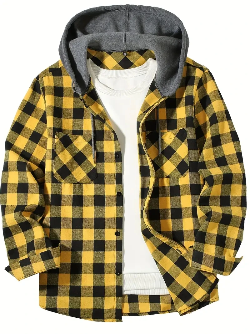 Men's Shirts Classic Plaid Casual Button Down Hooded Long Sleeved Double Pockets Shirt Hoodie Jacket Spring Autumn Tops