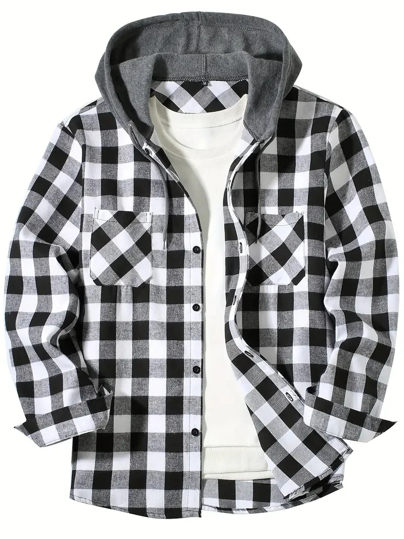 Men's Shirts Classic Plaid Casual Button Down Hooded Long Sleeved Double Pockets Shirt Hoodie Jacket Spring Autumn Tops