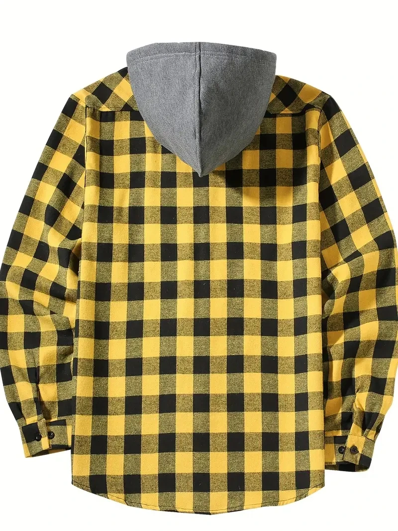 Men's Shirts Classic Plaid Casual Button Down Hooded Long Sleeved Double Pockets Shirt Hoodie Jacket Spring Autumn Tops