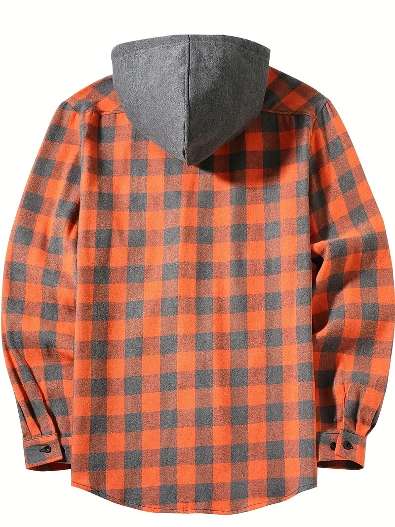 Men's Shirts Classic Plaid Casual Button Down Hooded Long Sleeved Double Pockets Shirt Hoodie Jacket Spring Autumn Tops