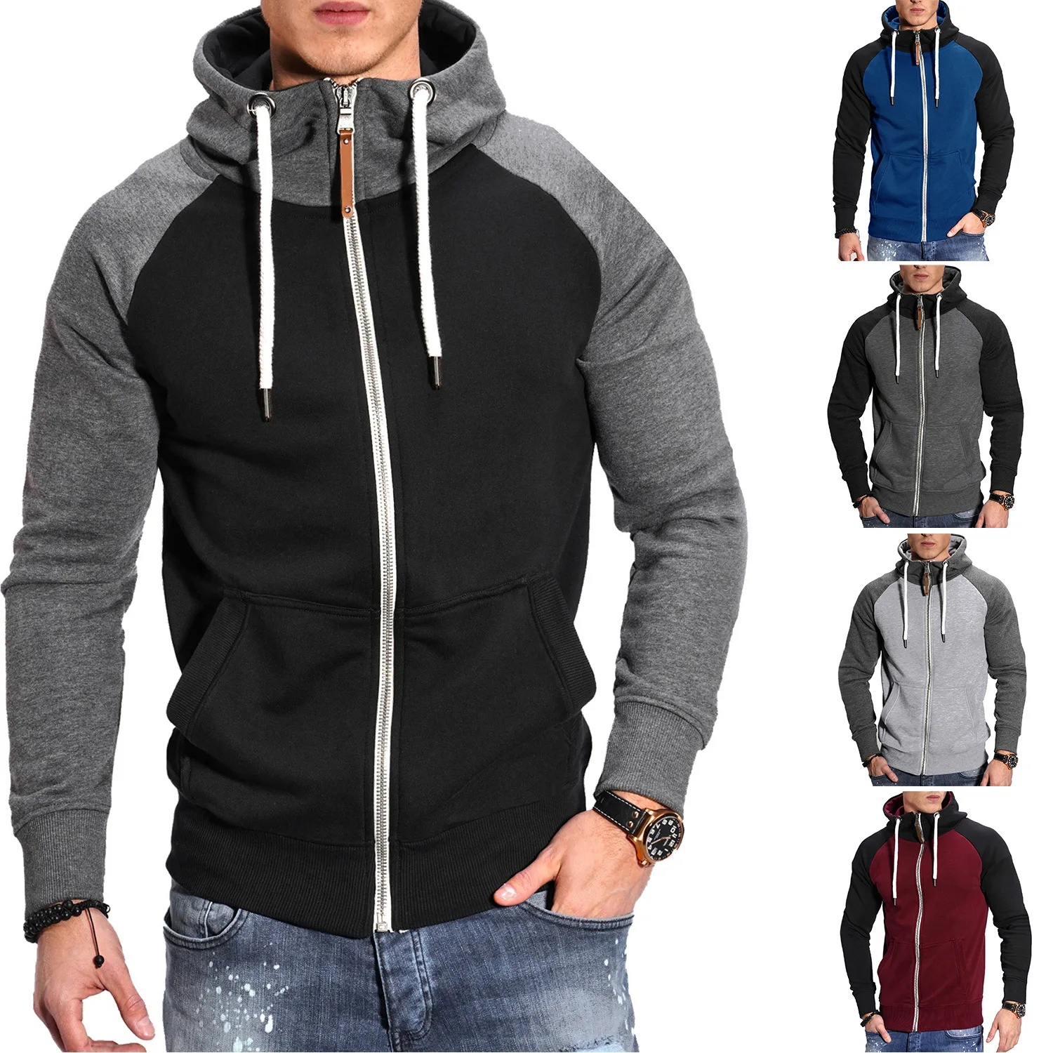 Men's Hoodies Long Sleeve Sweatshirts for Men Zipper Hooded Pullover High Neck Mens Sweatshirt Top Jacket Coat Black Sweater