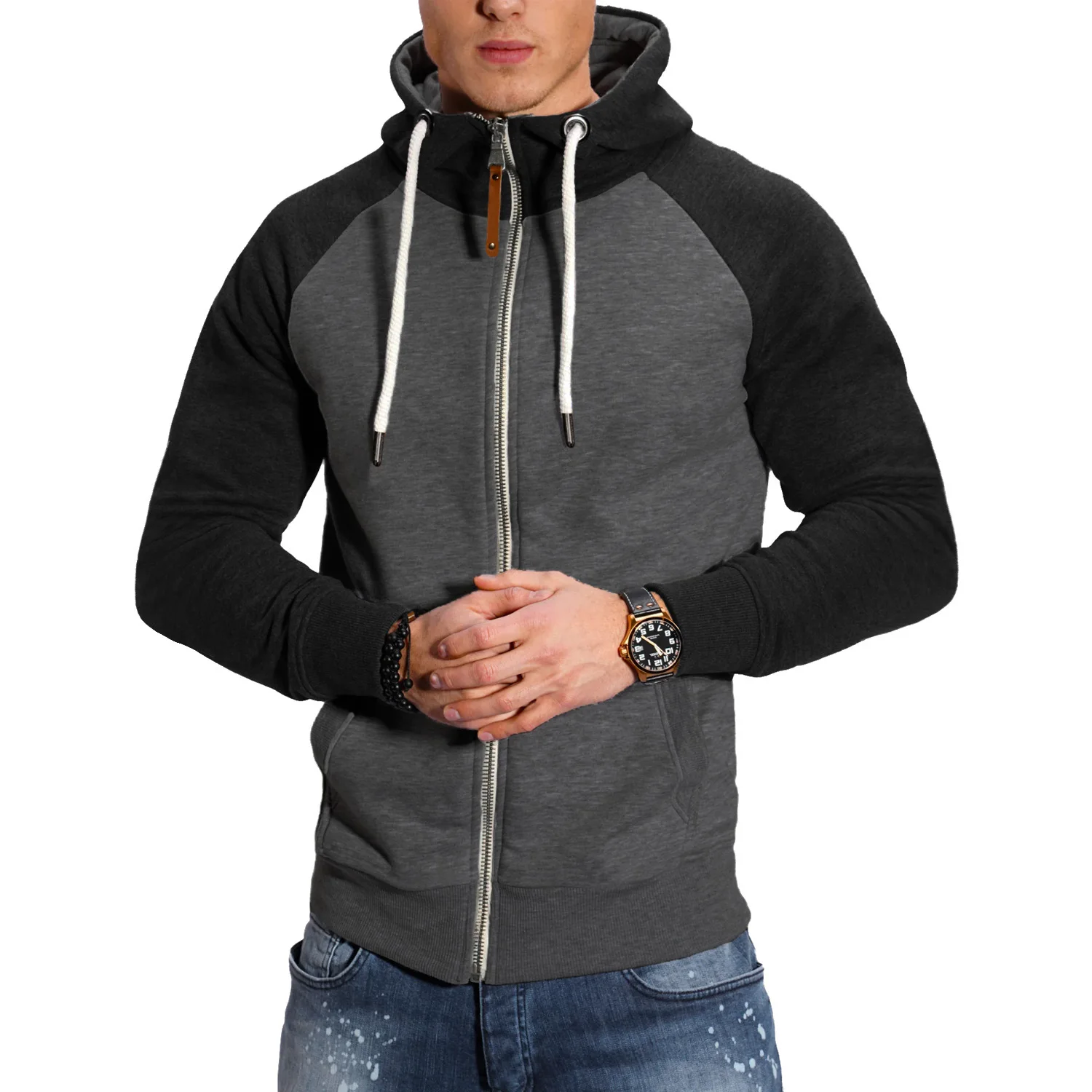 Men's Hoodies Long Sleeve Sweatshirts for Men Zipper Hooded Pullover High Neck Mens Sweatshirt Top Jacket Coat Black Sweater