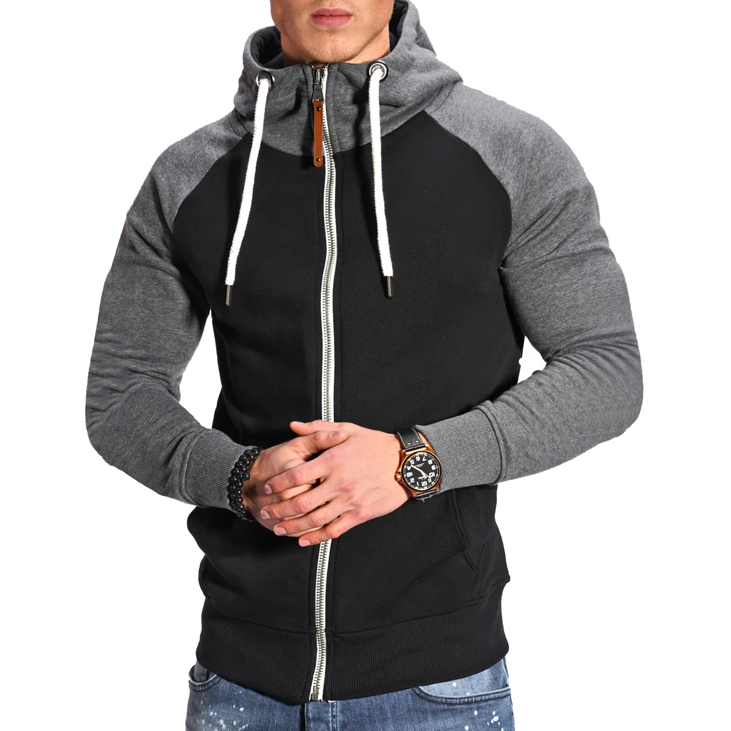 Men's Hoodies Long Sleeve Sweatshirts for Men Zipper Hooded Pullover High Neck Mens Sweatshirt Top Jacket Coat Black Sweater