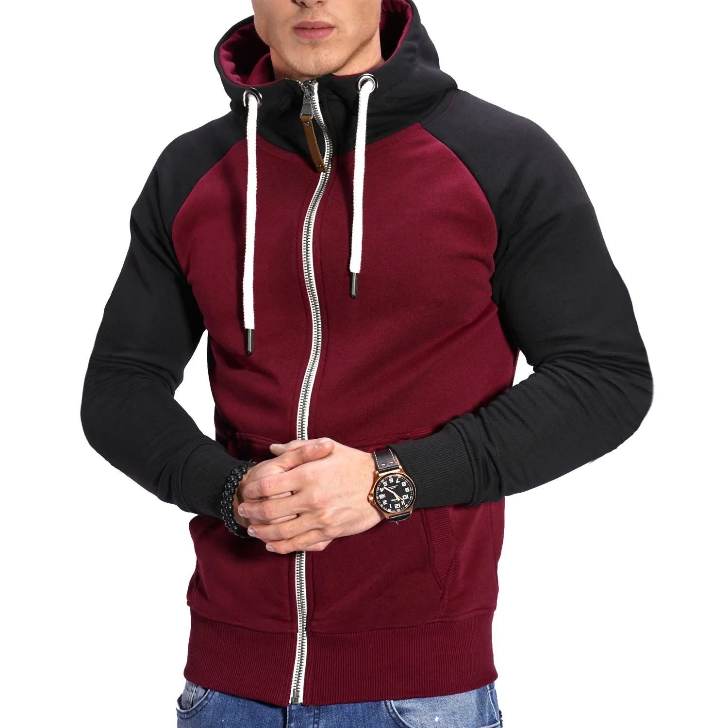 Men's Hoodies Long Sleeve Sweatshirts for Men Zipper Hooded Pullover High Neck Mens Sweatshirt Top Jacket Coat Black Sweater