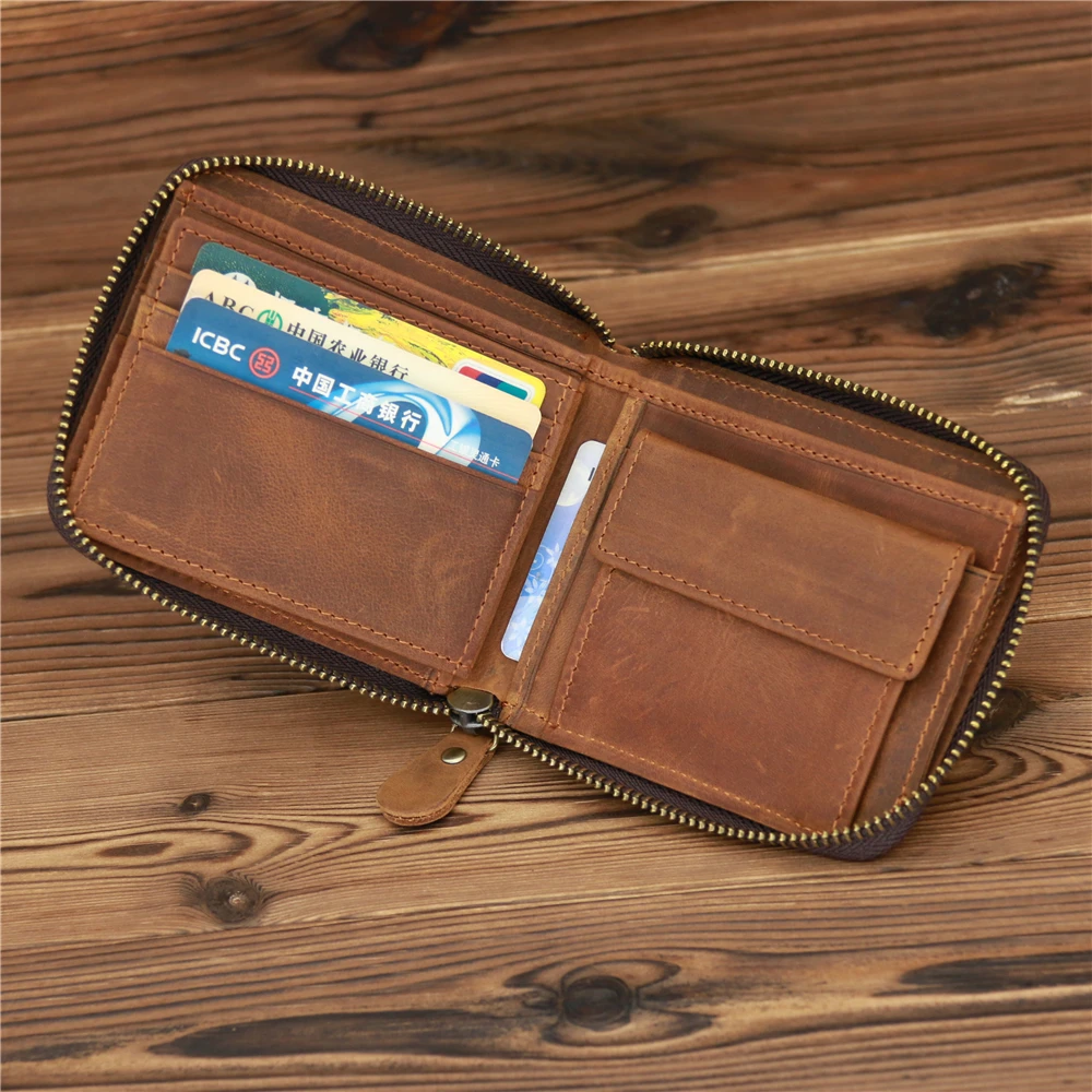 Genuine Leather Zipper Wallet for Men Money Short Purse Credit Card Holder Cash Coin Pocket Male Large Solid Standard Wallets