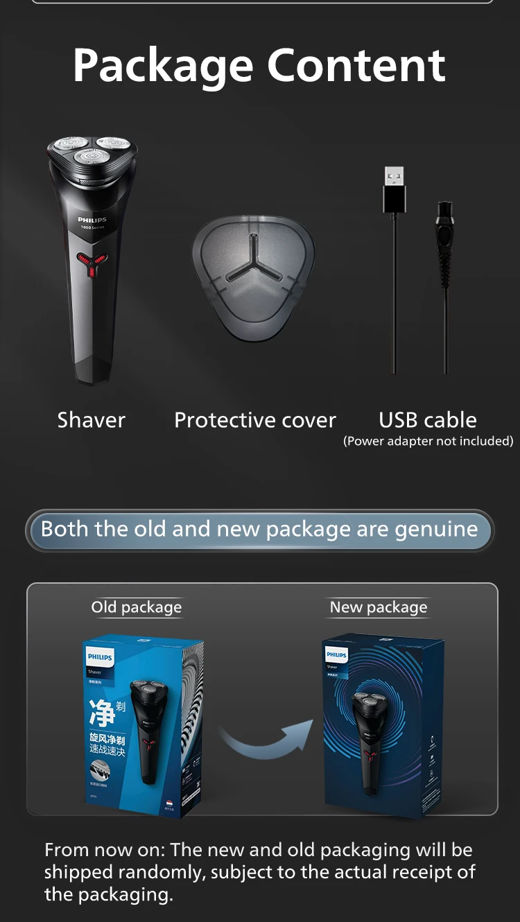 Philips S1113 Electric Shaver for Men USB Charging PowerCut Stainless Steel Blades Ergonomic design Triple floating head