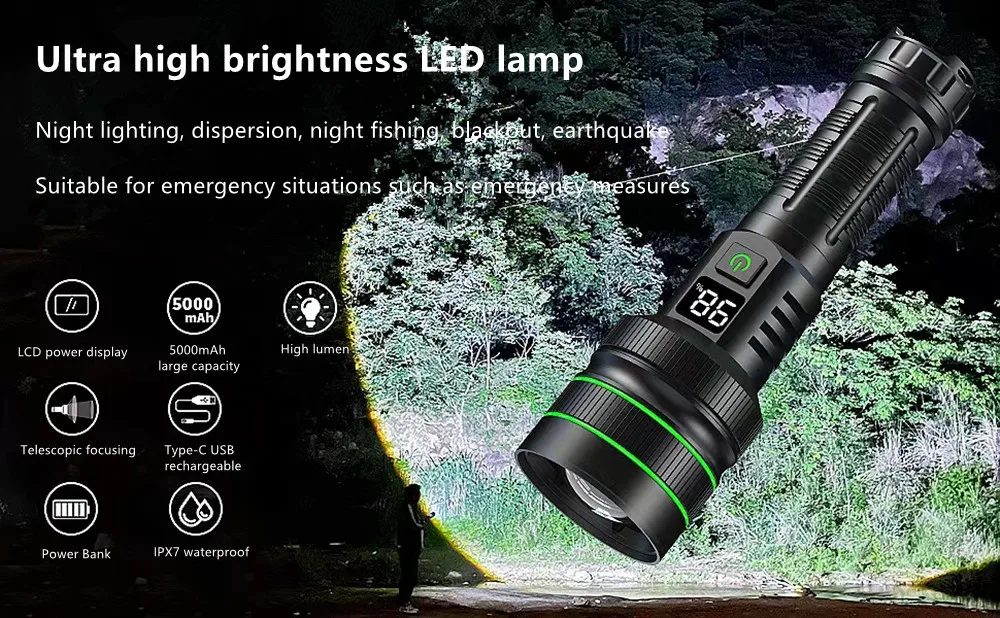 High Power Super Long Range LED Flashlight Type-C Charging Strong Light Tactical Torch Lamp Outdoor Portable Lantern Waterproof