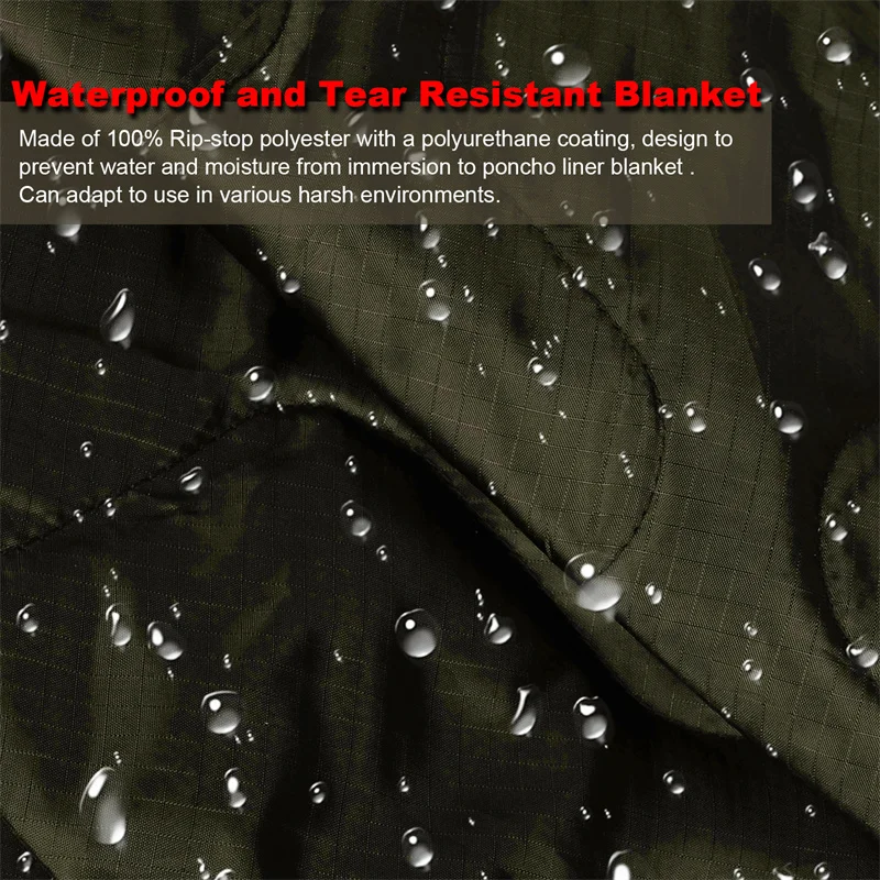 Tactical Army Poncho Liner Camouflage Water Repellent Woobie Quilted Blanket Suitable for Camping, Shooting, Hunting