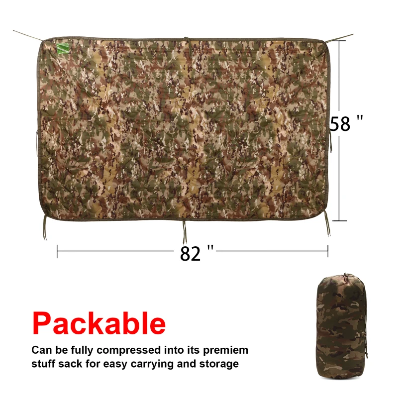 Tactical Army Poncho Liner Camouflage Water Repellent Woobie Quilted Blanket Suitable for Camping, Shooting, Hunting