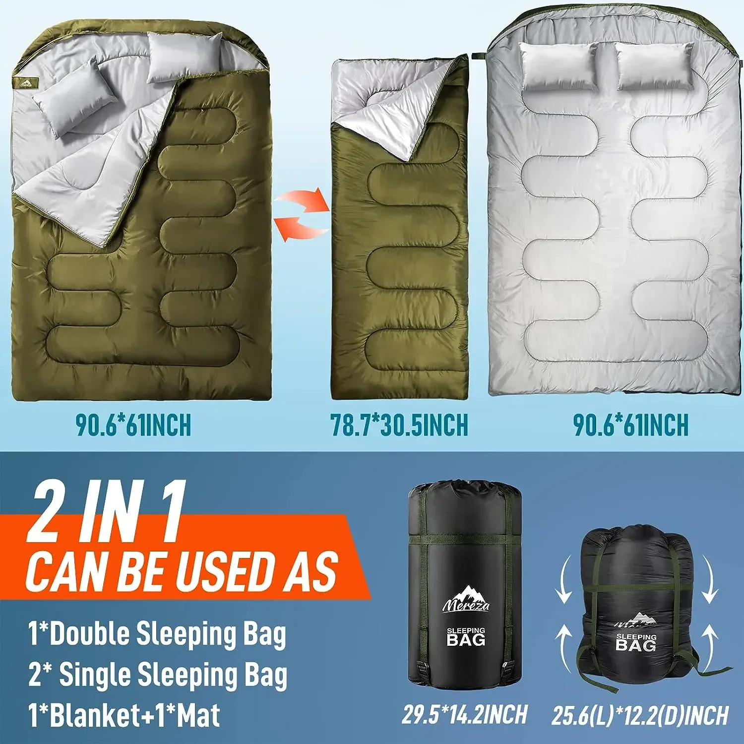 Double Bag for Adults Mens with Pillow, XL Queen Size Two Person Sleeping for All Season Camping Hiking Backpacking