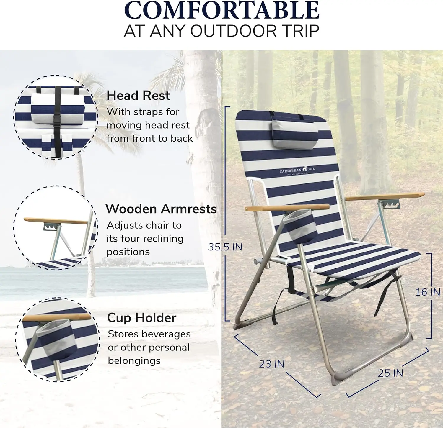 Folding Beach Chair, 4 Position Portable Backpack Foldable Camping Chair with Headrest, Cup Holder, and Wooden Armrests