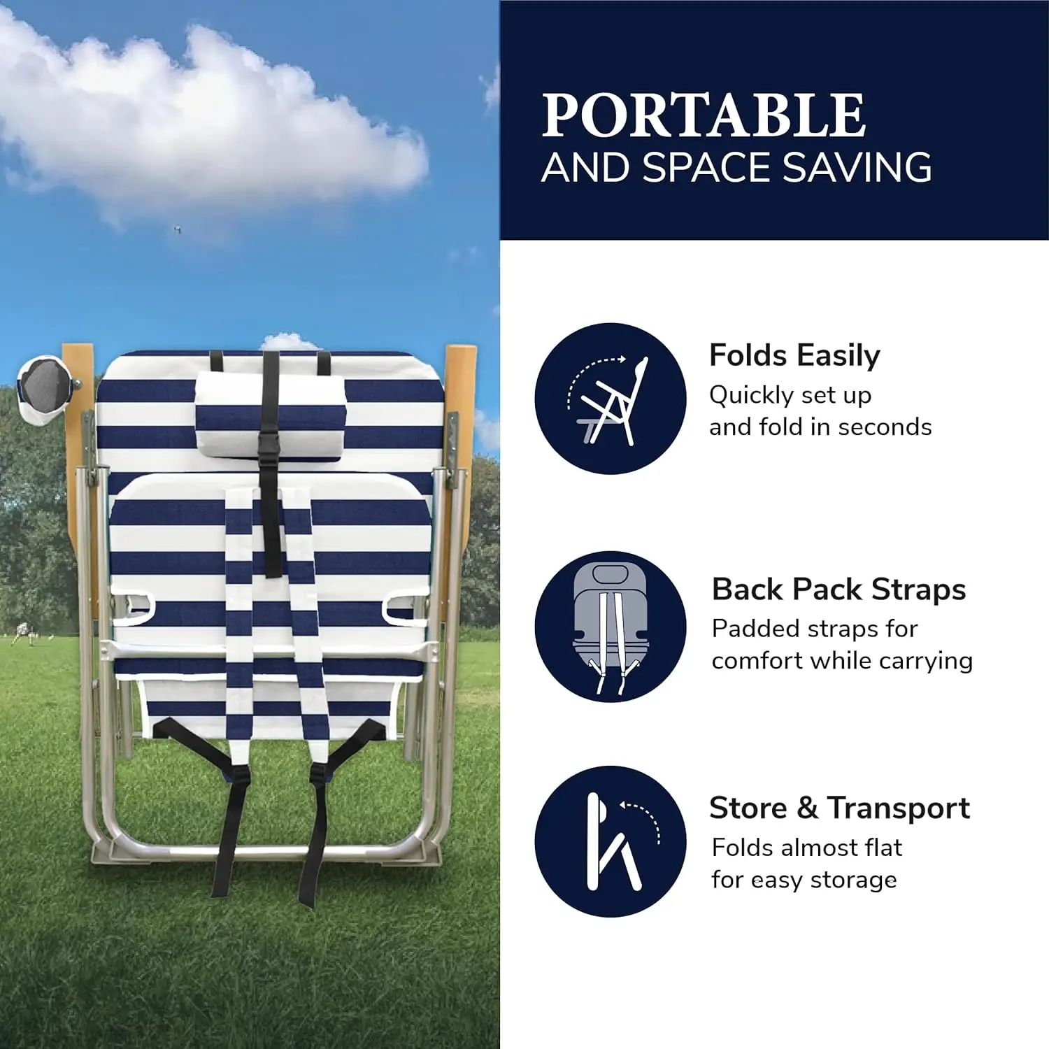 Folding Beach Chair, 4 Position Portable Backpack Foldable Camping Chair with Headrest, Cup Holder, and Wooden Armrests