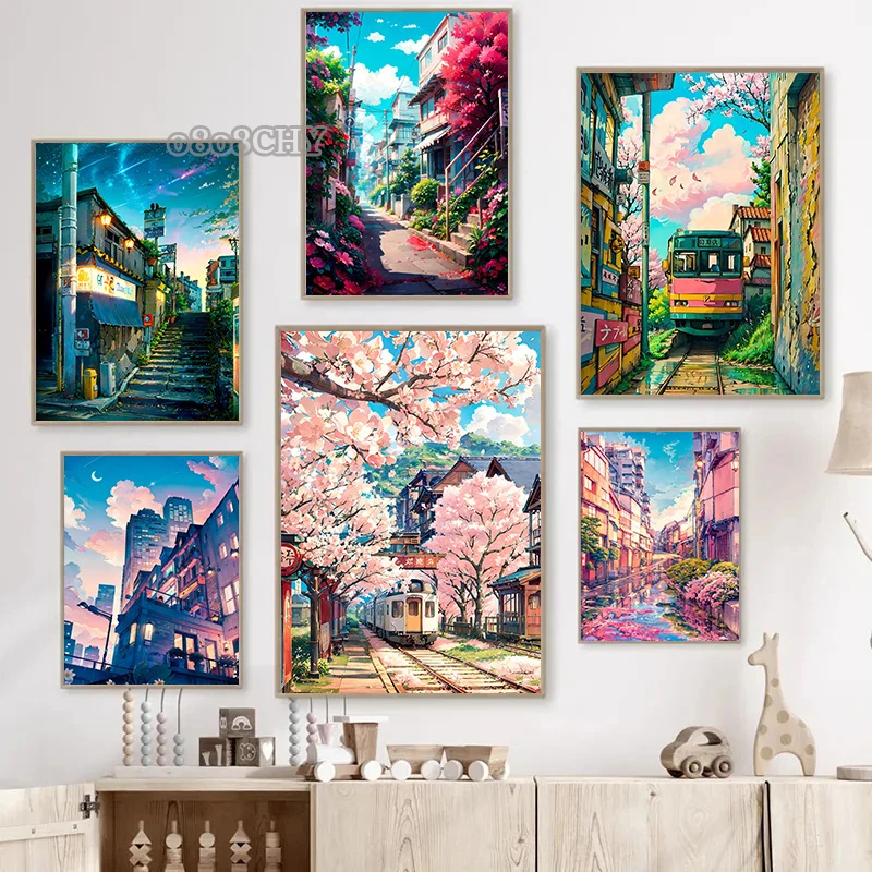 Japanese Street Scenery Sakura Architecture Canvas Posters and Prints Wall Art Paintings Mural for Modern Living Room Home Decor