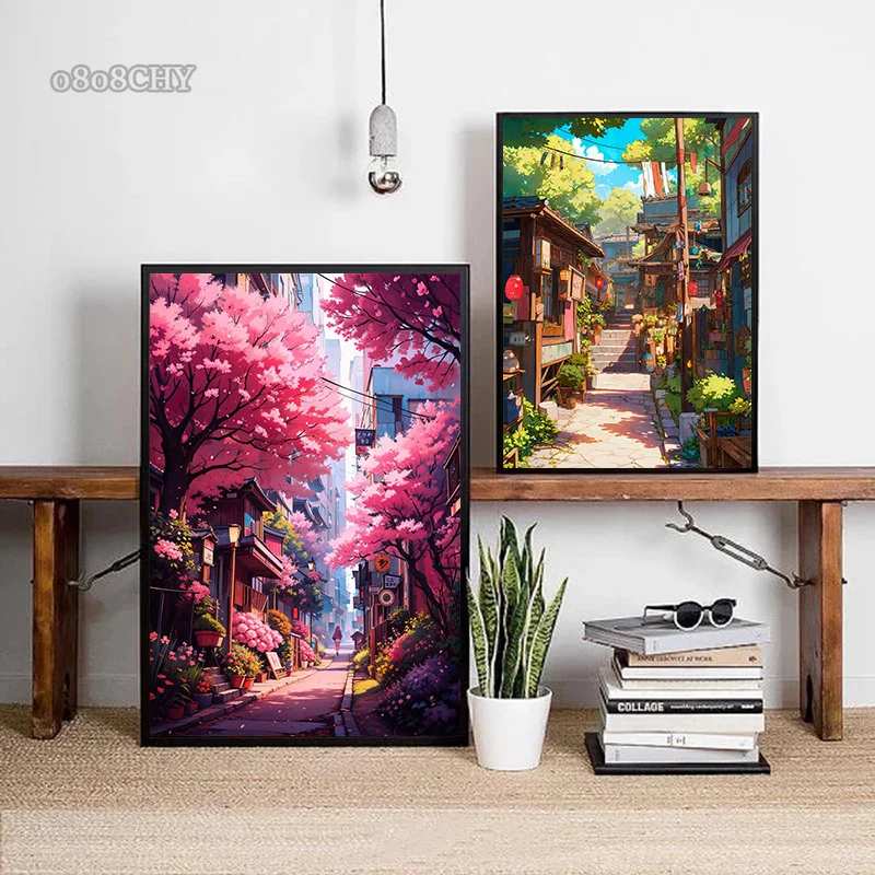 Japanese Street Scenery Sakura Architecture Canvas Posters and Prints Wall Art Paintings Mural for Modern Living Room Home Decor