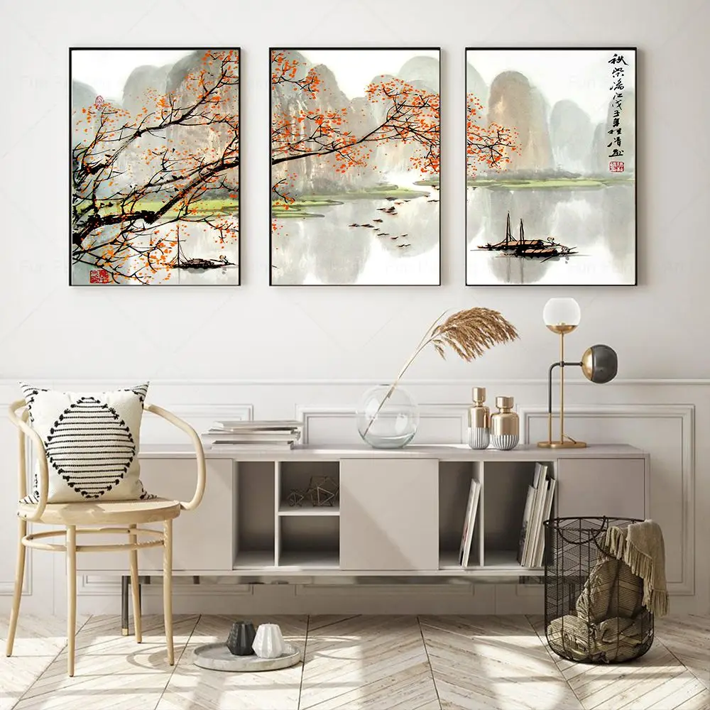 Asian Decor Poster Japanese Scenery Art Ink Painting Floral Boat Bird Canvas Posters on The Wall for Living Room Home Decoration