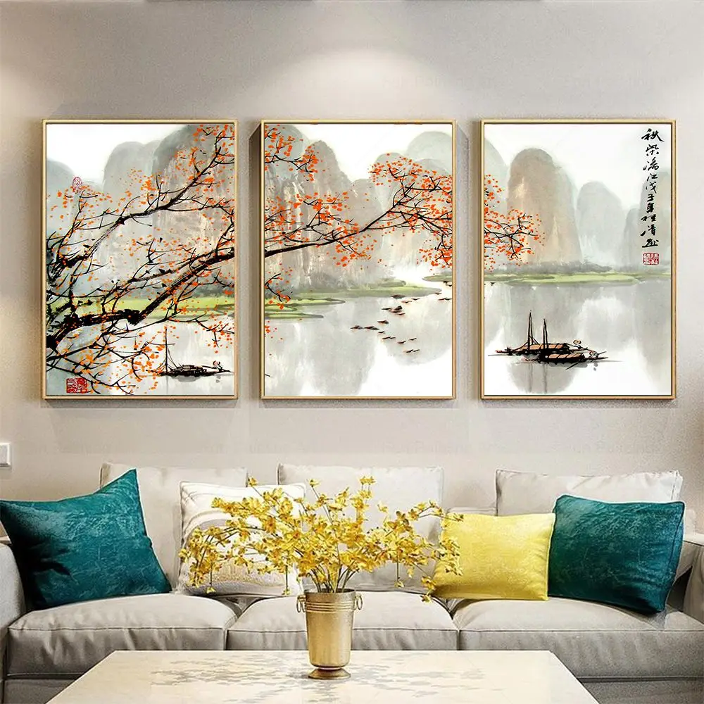 Asian Decor Poster Japanese Scenery Art Ink Painting Floral Boat Bird Canvas Posters on The Wall for Living Room Home Decoration