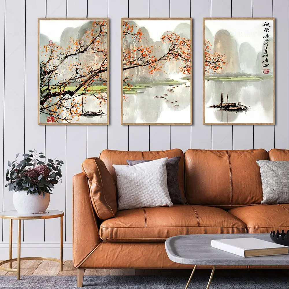 Asian Decor Poster Japanese Scenery Art Ink Painting Floral Boat Bird Canvas Posters on The Wall for Living Room Home Decoration