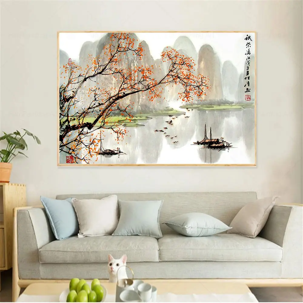 Asian Decor Poster Japanese Scenery Art Ink Painting Floral Boat Bird Canvas Posters on The Wall for Living Room Home Decoration