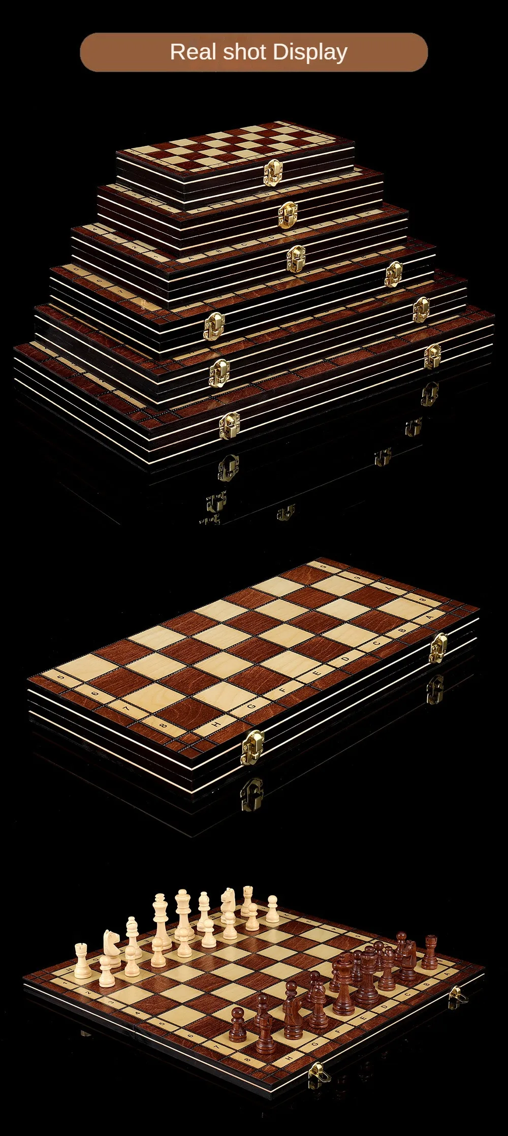 High-Grade Three-In-One Foldable Wooden Chess Backgammon Checkers For Sports Leisure