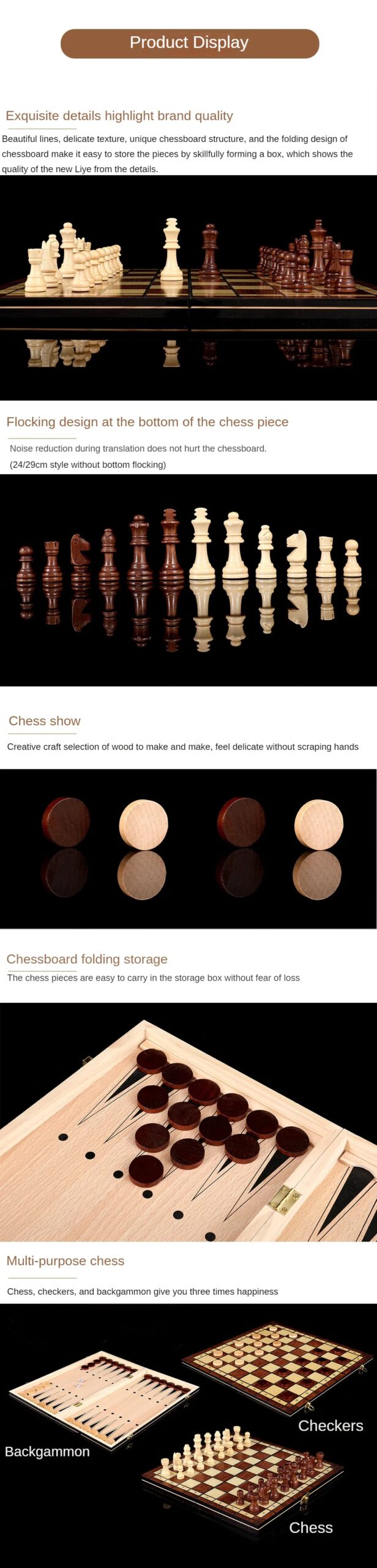 High-Grade Three-In-One Foldable Wooden Chess Backgammon Checkers For Sports Leisure