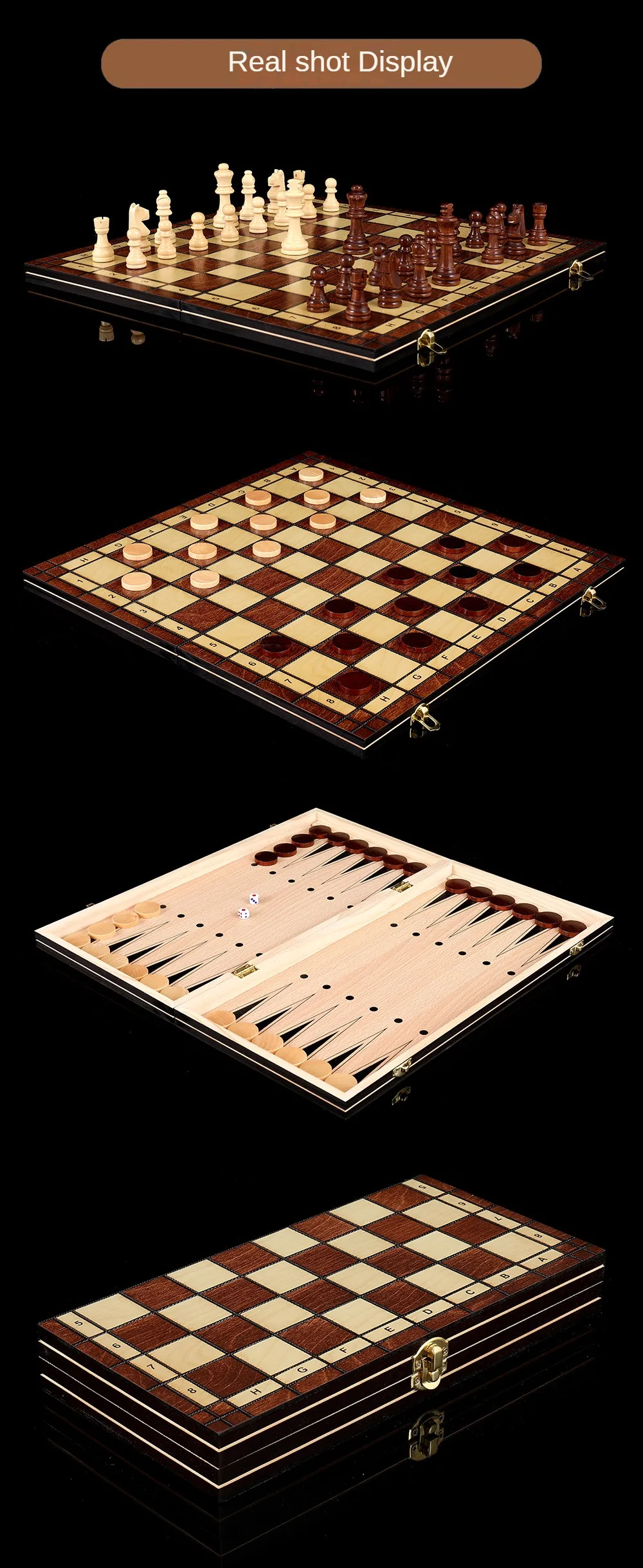 High-Grade Three-In-One Foldable Wooden Chess Backgammon Checkers For Sports Leisure