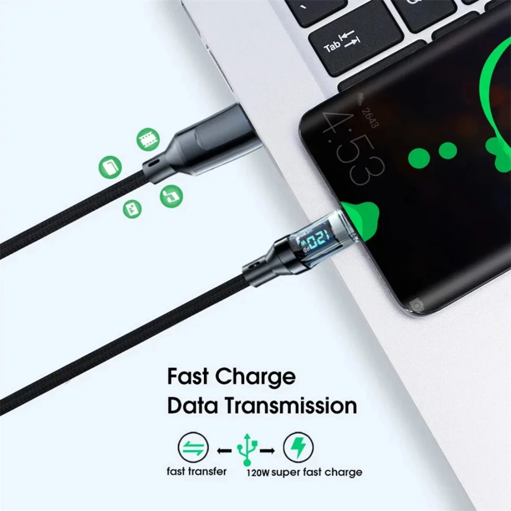 NNBILI New 120W LED Digital Display Quick Charge USB Type C Cable For OPPO VIVO  Huawei Fast Charging Data Cord