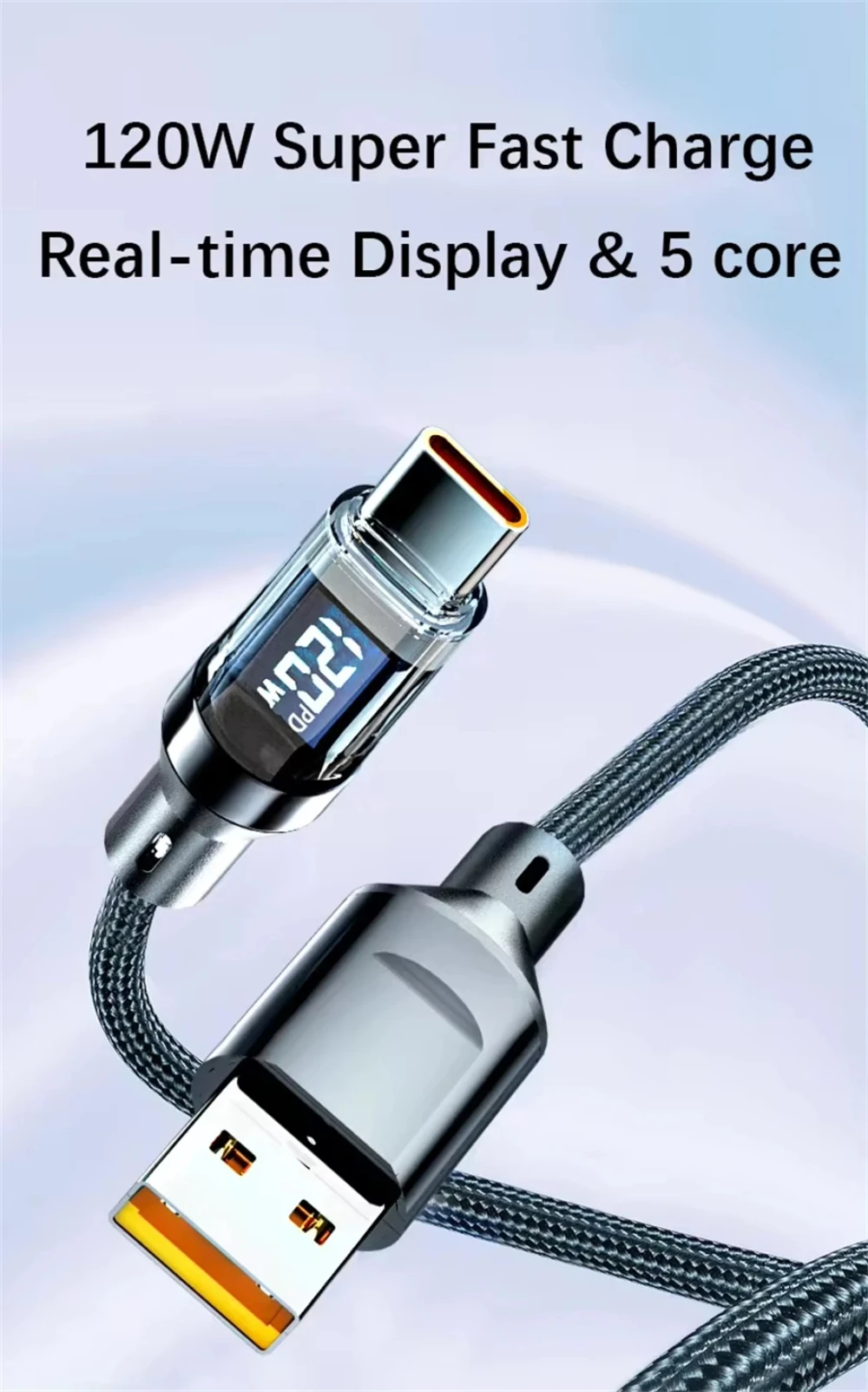 NNBILI New 120W LED Digital Display Quick Charge USB Type C Cable For OPPO VIVO  Huawei Fast Charging Data Cord