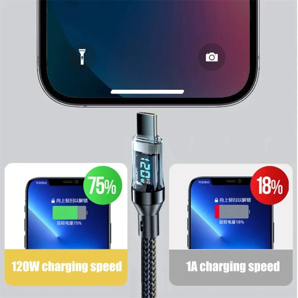 NNBILI New 120W LED Digital Display Quick Charge USB Type C Cable For OPPO VIVO  Huawei Fast Charging Data Cord