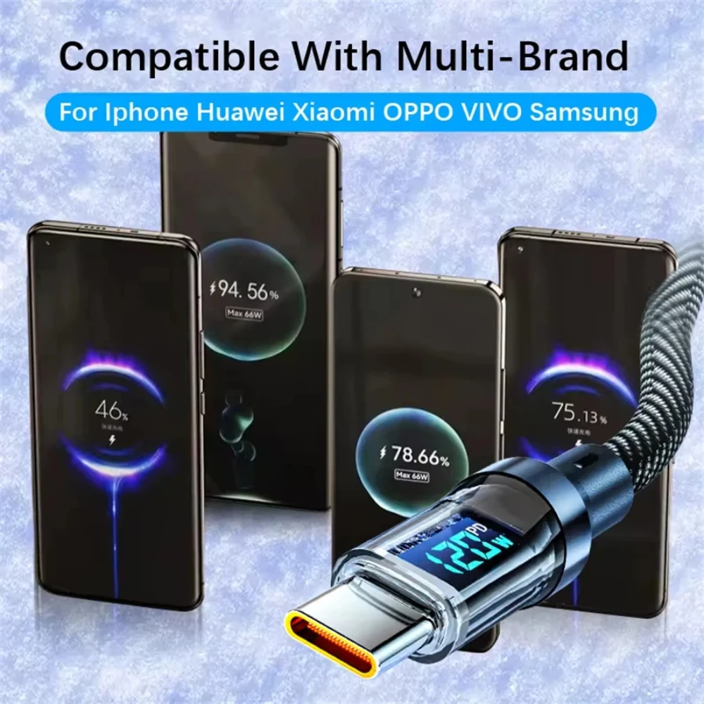 NNBILI New 120W LED Digital Display Quick Charge USB Type C Cable For OPPO VIVO  Huawei Fast Charging Data Cord