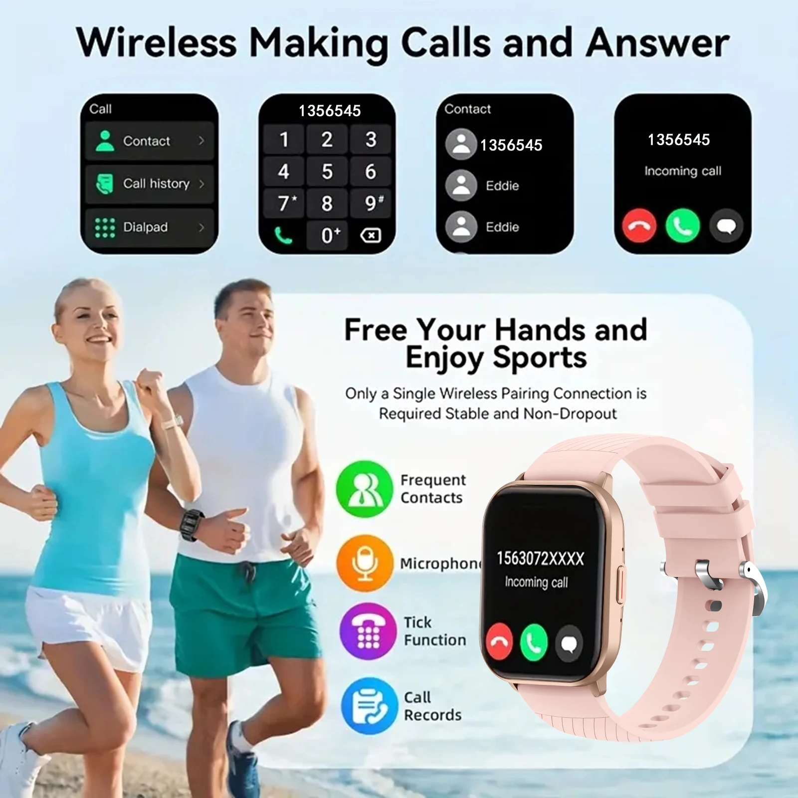 Smart watch, wireless calling/dial, multi-Sport mode, calling reminder and rejection, SMS reminder, for iPhone/Andriod