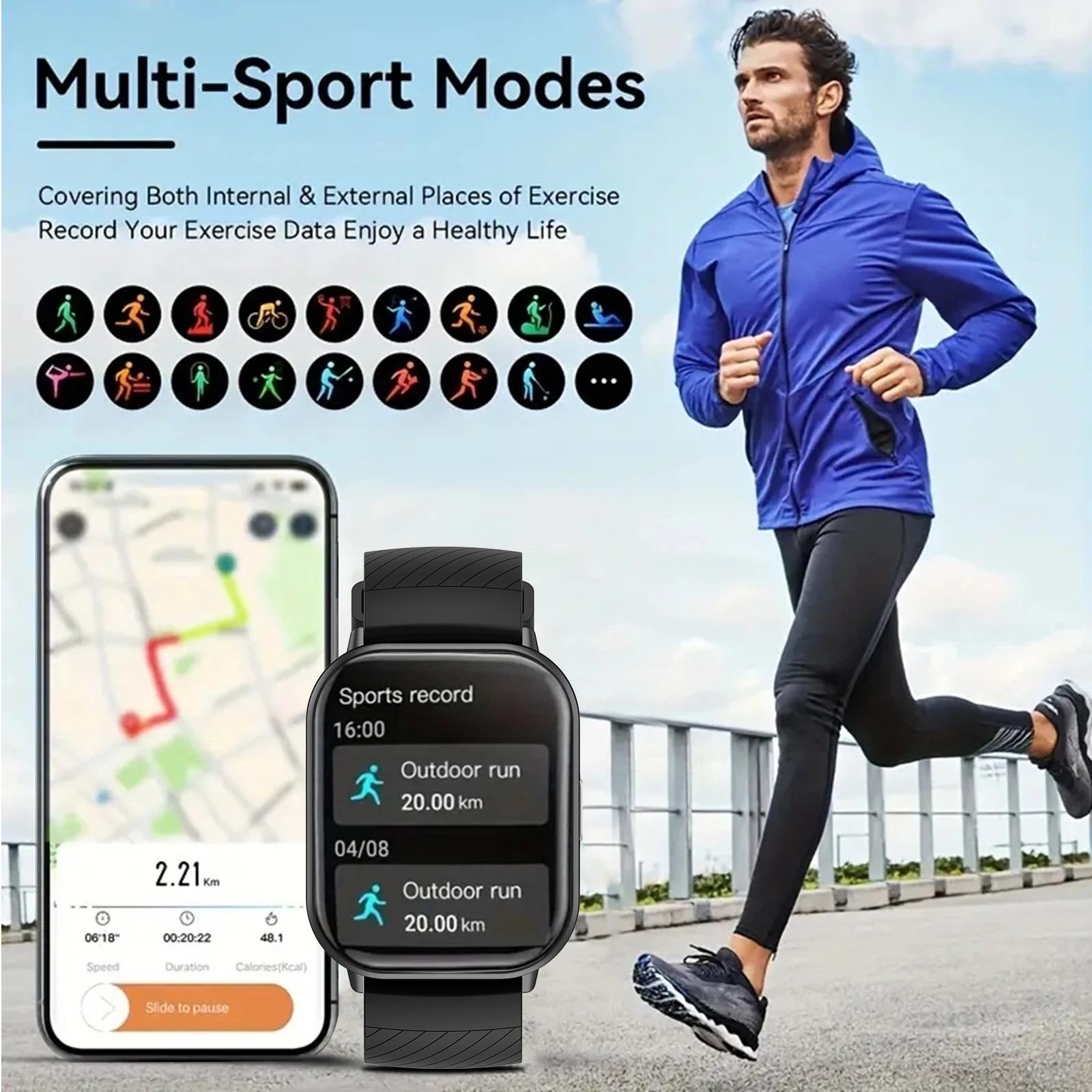 Smart watch, wireless calling/dial, multi-Sport mode, calling reminder and rejection, SMS reminder, for iPhone/Andriod