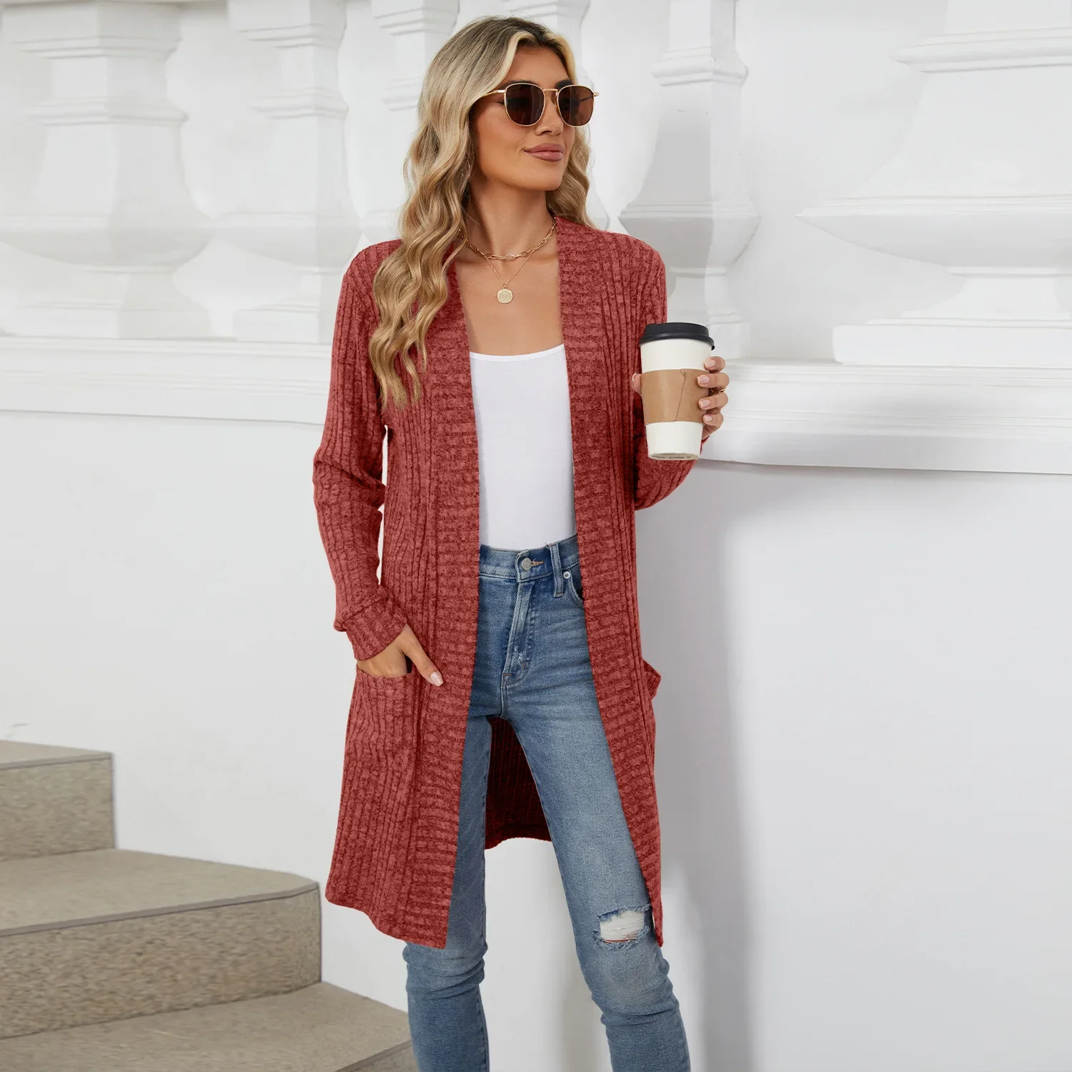 Women Long Sleeve Pocket Cardigan Tops