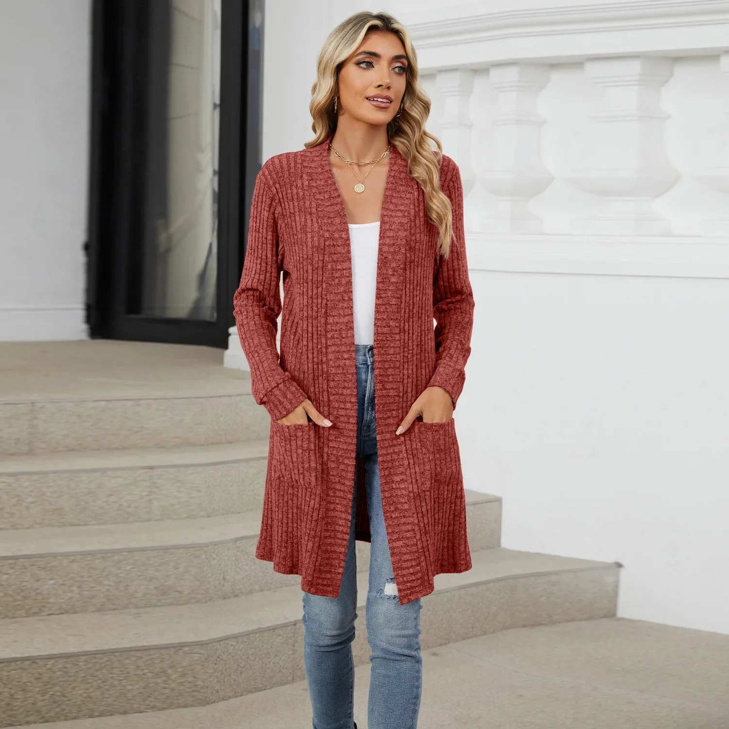 Women Long Sleeve Pocket Cardigan Tops