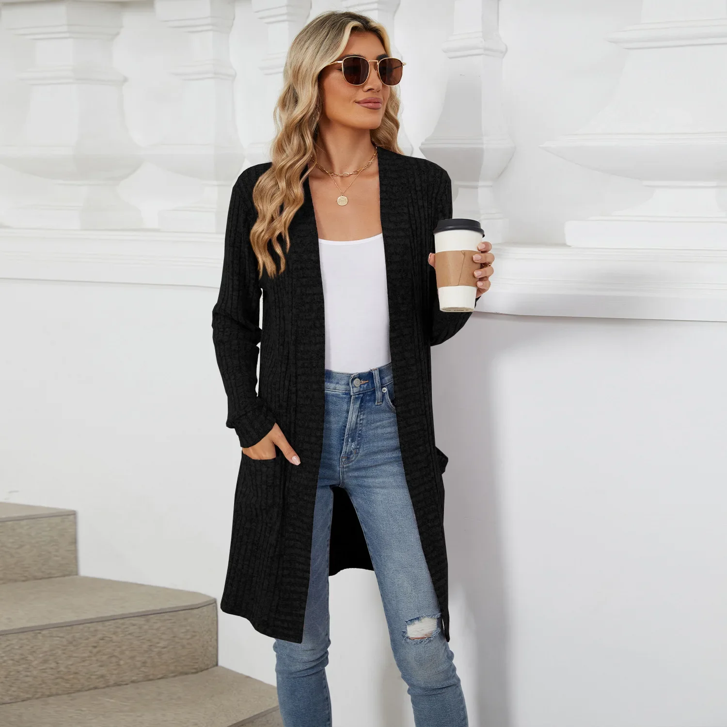 Women Long Sleeve Pocket Cardigan Tops