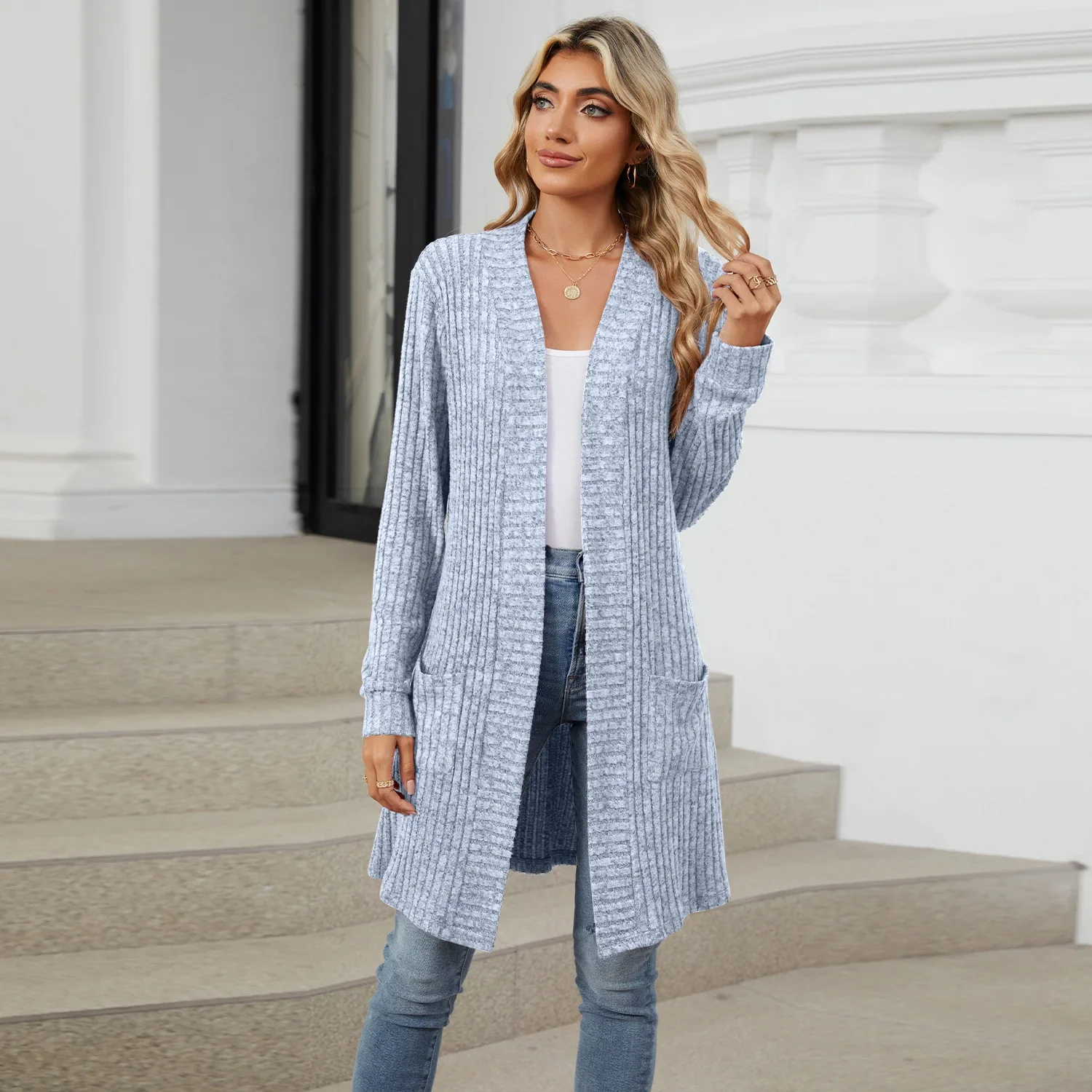 Women Long Sleeve Pocket Cardigan Tops