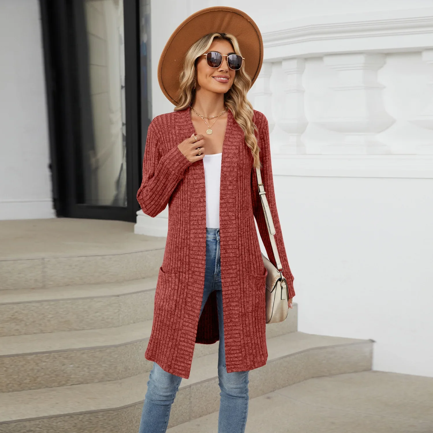 Women Long Sleeve Pocket Cardigan Tops