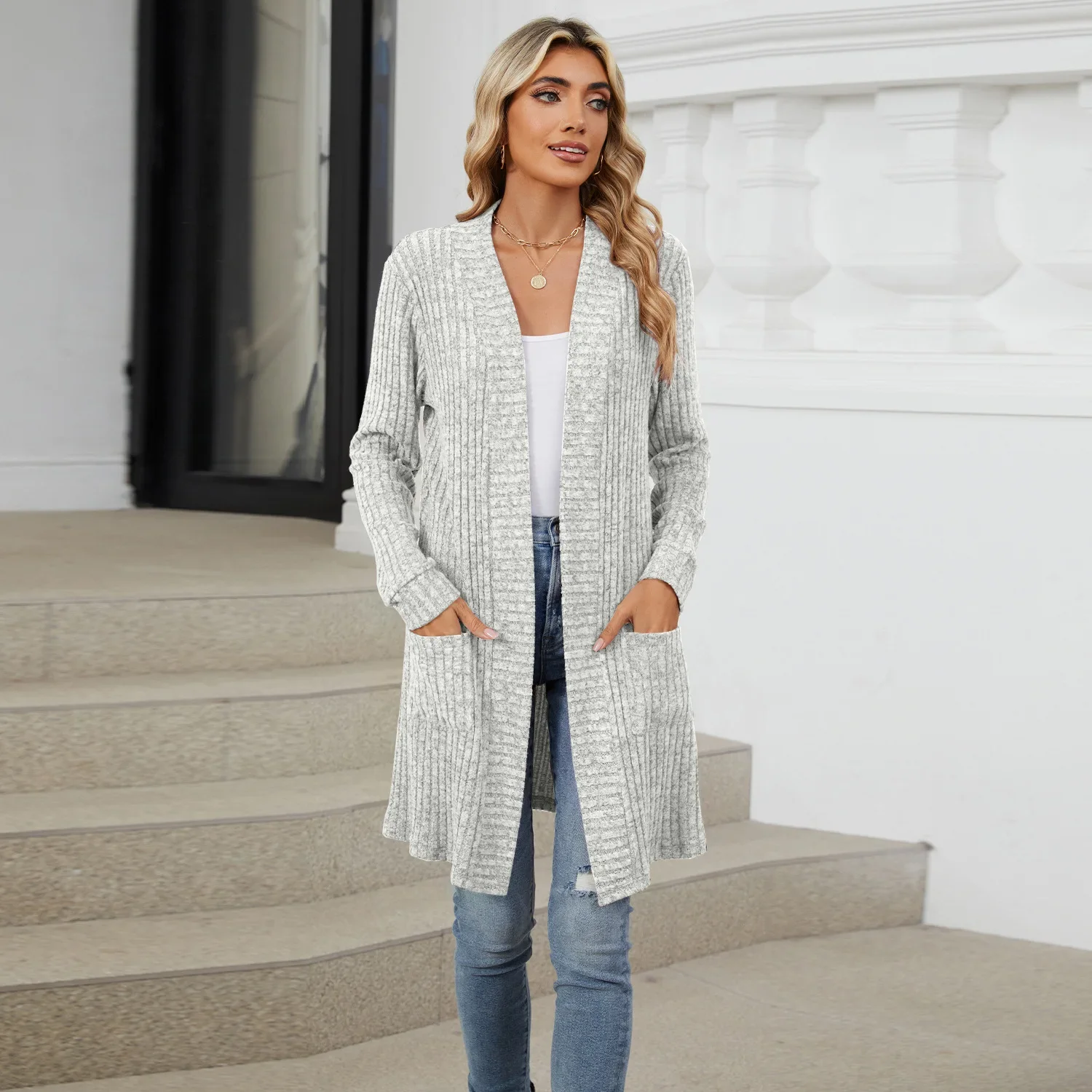 Women Long Sleeve Pocket Cardigan Tops